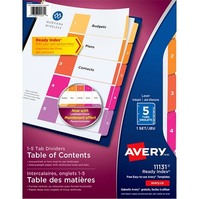Intercalaires En Couleur Avec Table Des Matières "Ready Index" D'Avery, 1-5