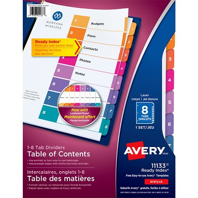 Intercalaires En Couleur Avec Table Des Matières "Ready Index" D'Avery, 1-8