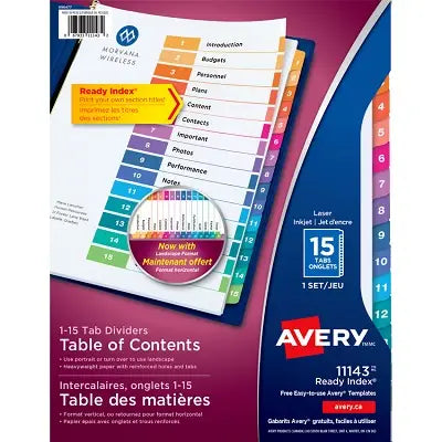 Intercalaires En Couleur Avec Table Des Matières "Ready Index" D'Avery, 1-15