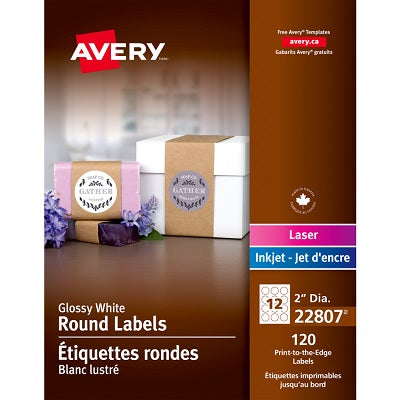 Étiquettes Rondes Imprimables Jusqu'Au Bord Print-To-The-Edge D'Avery, Diamètre De 2 Po, Brillant, 120/Pqt