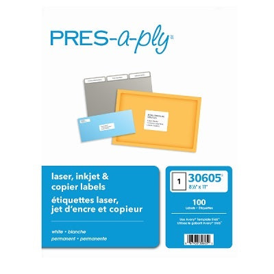 Étiquettes Laser De Pres-A-Ply, 8-1/2" X 11", 100/Bte