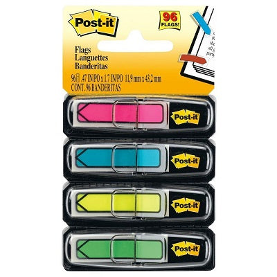 Mini Repères-Fléchettes De Post-It, 1/2 Po, 24 Languettes Par Distributeur, Roses, Bleues, Jaunes Et Vertes, 4 Distributeurs/Pqt