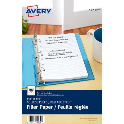 Recharge De Papier De Avery, Ligné Collège, 7 Trous, 8-1/2 X 5-1/2 Po, 100 Feuilles/Pqt