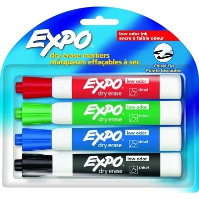 Marqueurs effacables à sec Expo faible odeur 4 couleurs biseauté