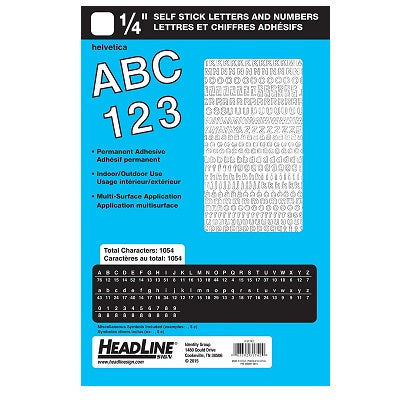 Lettrage Stick On(Mc) Chiffres Et Lettres Majuscules Helvetica De 0,25 Po, Blanc