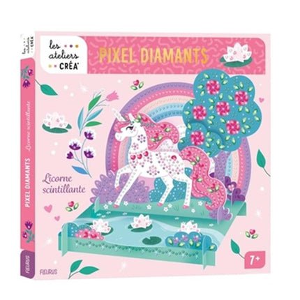Sparkling unicorn made of pixel diamonds