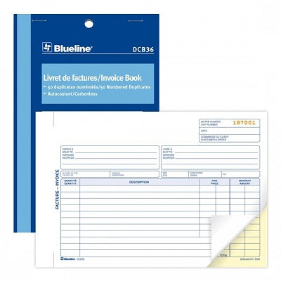 Blueline Livre De Factures Sans Carbone 2 Parties 5-3/8X8 Po Bilingue