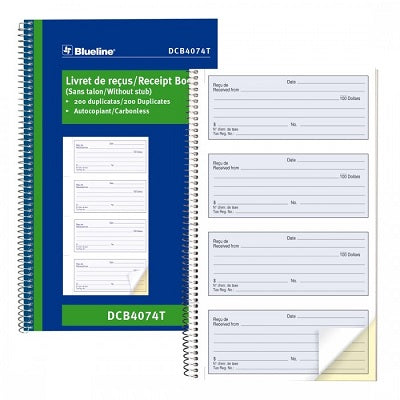 Livret De Reçus Autocopiants, 200 Duplicatas, 4 Par Page, 10,63 X 6,63 Po, Bilingue