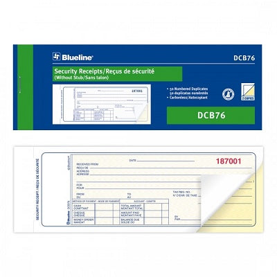 Reçus De Sécurité De Blueline, 50 Duplicatas, 2.75"X8", Bilingue