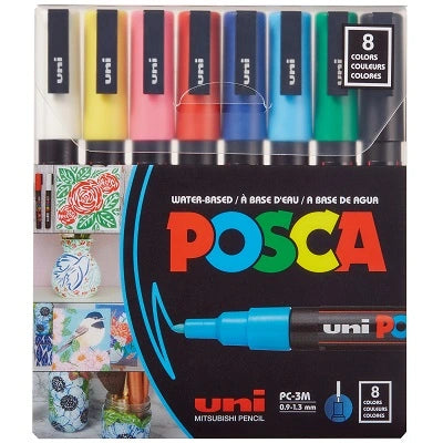 Marker-paint, posca waterbased, reversible fine 8/pk