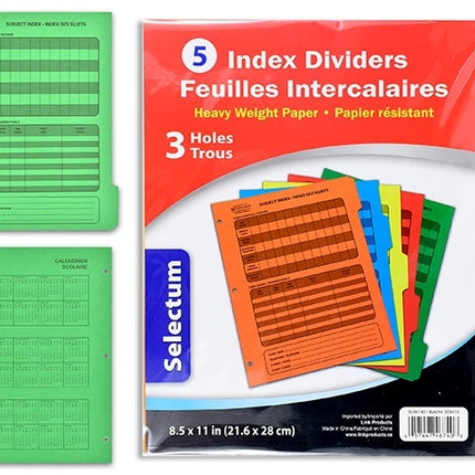 Paquet 5 index intercalaires 8.5x11 assorties