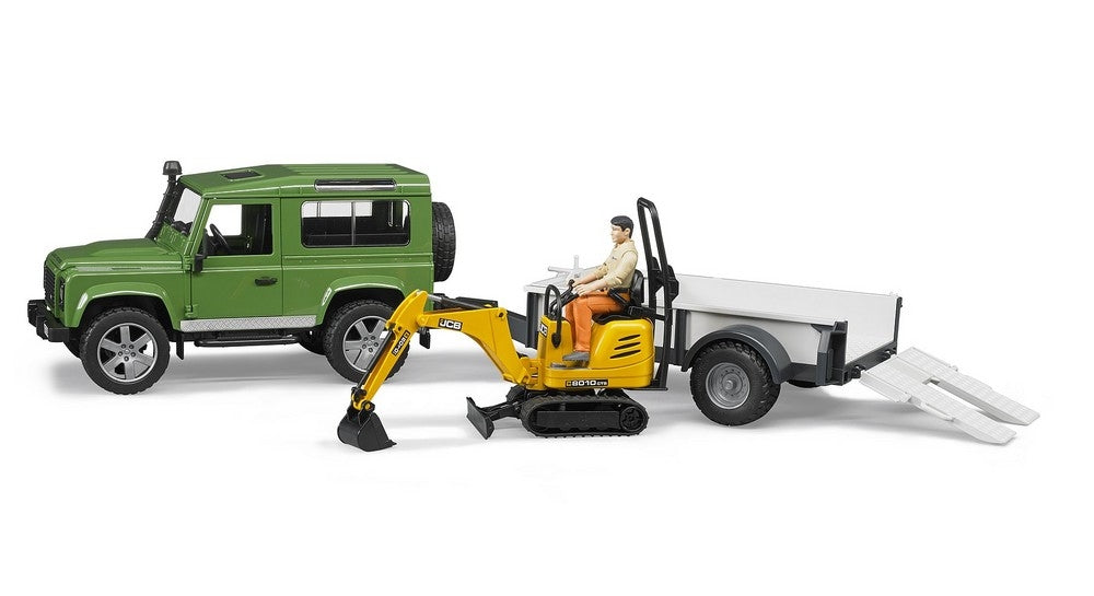 Land rover defender avec remorque, cat et figurine - bruder 0259