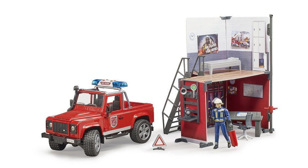 Bworld fire station with land rover - bruder 62701