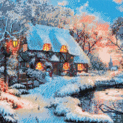 Mounted canvas (16x20") diamond painting - winter cottage