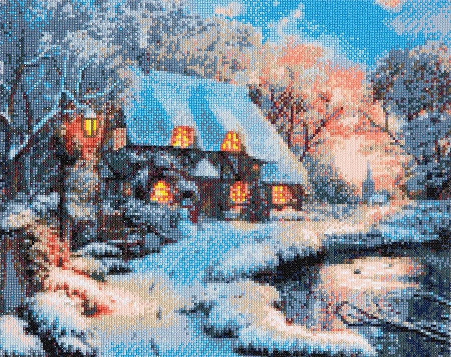 Mounted canvas (16x20") diamond painting - winter cottage