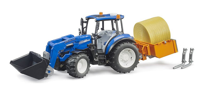 Tracteur New Holland T5. 120 avec chargeur avant, coffre de chargement et fourches - Bruder 09861