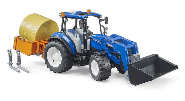Tracteur New Holland T5. 120 avec chargeur avant, coffre de chargement et fourches - Bruder 09861