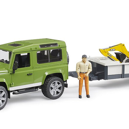 Land rover defender avec remorque, cat et figurine - bruder 02593