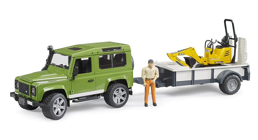 Land rover defender avec remorque, cat et figurine - bruder 02593