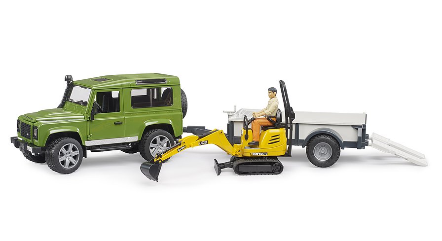 Land rover defender avec remorque, cat et figurine - bruder 02593