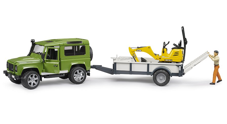 Land rover defender avec remorque, cat et figurine - bruder 02593