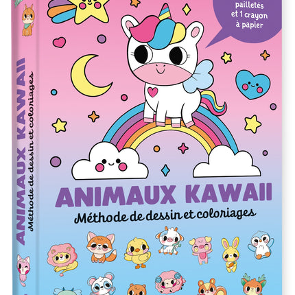 Kawaii animals - Drawing and coloring method - pouch of 5 glittery felt-tip pens and 1 pencil